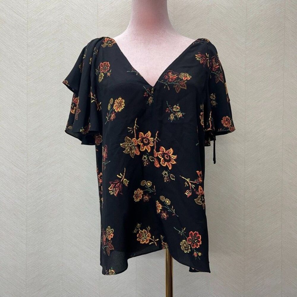 A.L.C. Black Floral V-Neck Flutter Sleeve Blouse
